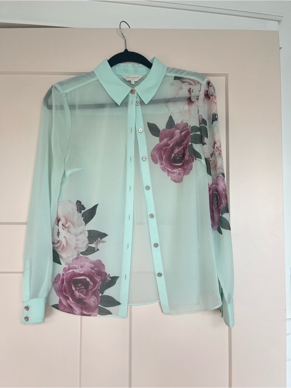 Ted Baker Mint Green Sheer Floral Button-Down Shirt